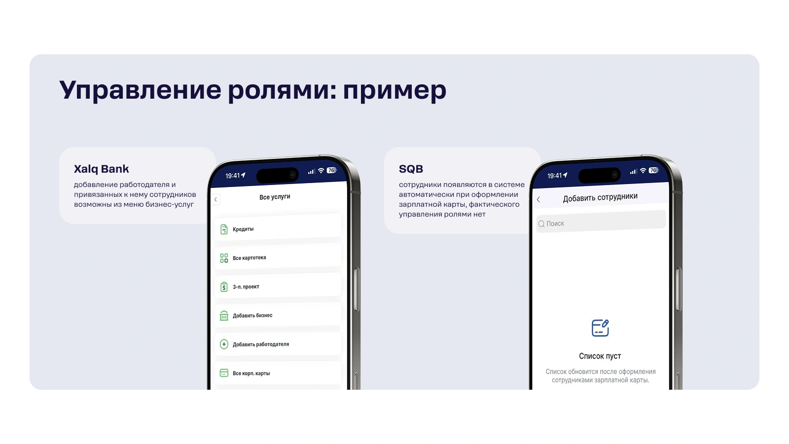 Xalq Bank biznes-xizmatlar menyusidan ish beruvchi va xodimlarni qo'shish imkonini beradi. SQB'da xodimlar faqat ish haqi kartasini rasmiylashtirishda paydo bo'ladi — rollarni alohida boshqarish yo'q.