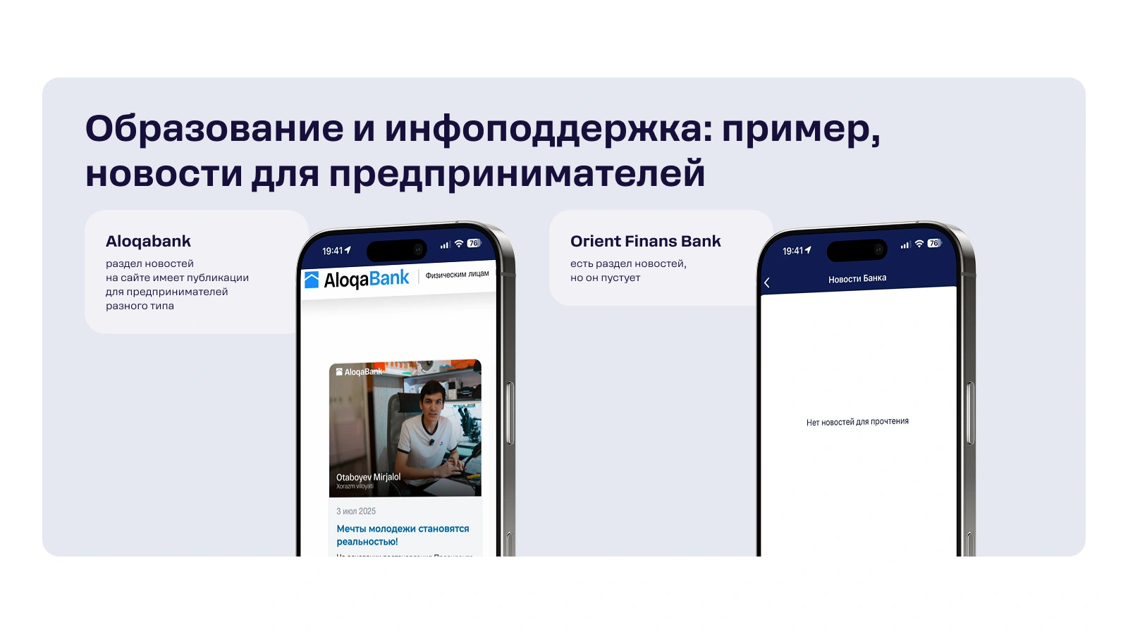 Aloqabank ilova ichida tadbirkorlar uchun yangiliklar va tahlillar boʻlimini yuritadi. Orient Finans'da yangiliklar lentasi boʻsh.