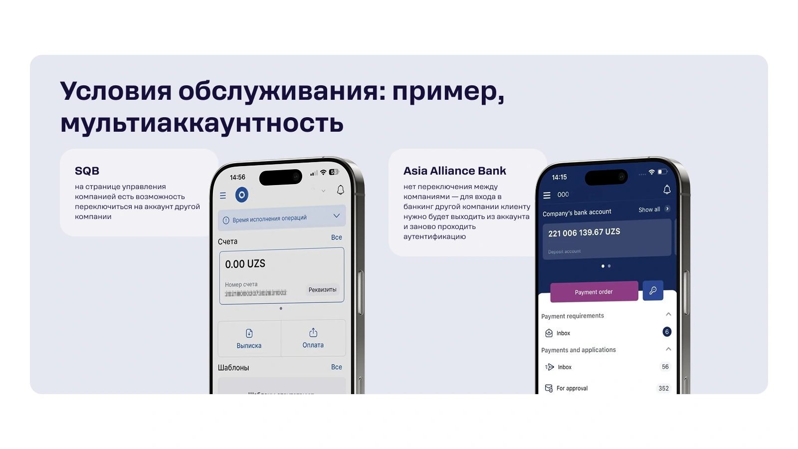 SQB bitta kabinetdan bir nechta kompaniyalar hisoblarini boshqarish imkonini beradi. Asia Alliance'da boshqa kompaniyaga o'tish mumkin emas — chiqish va qayta avtorizatsiyadan o'tish kerak.