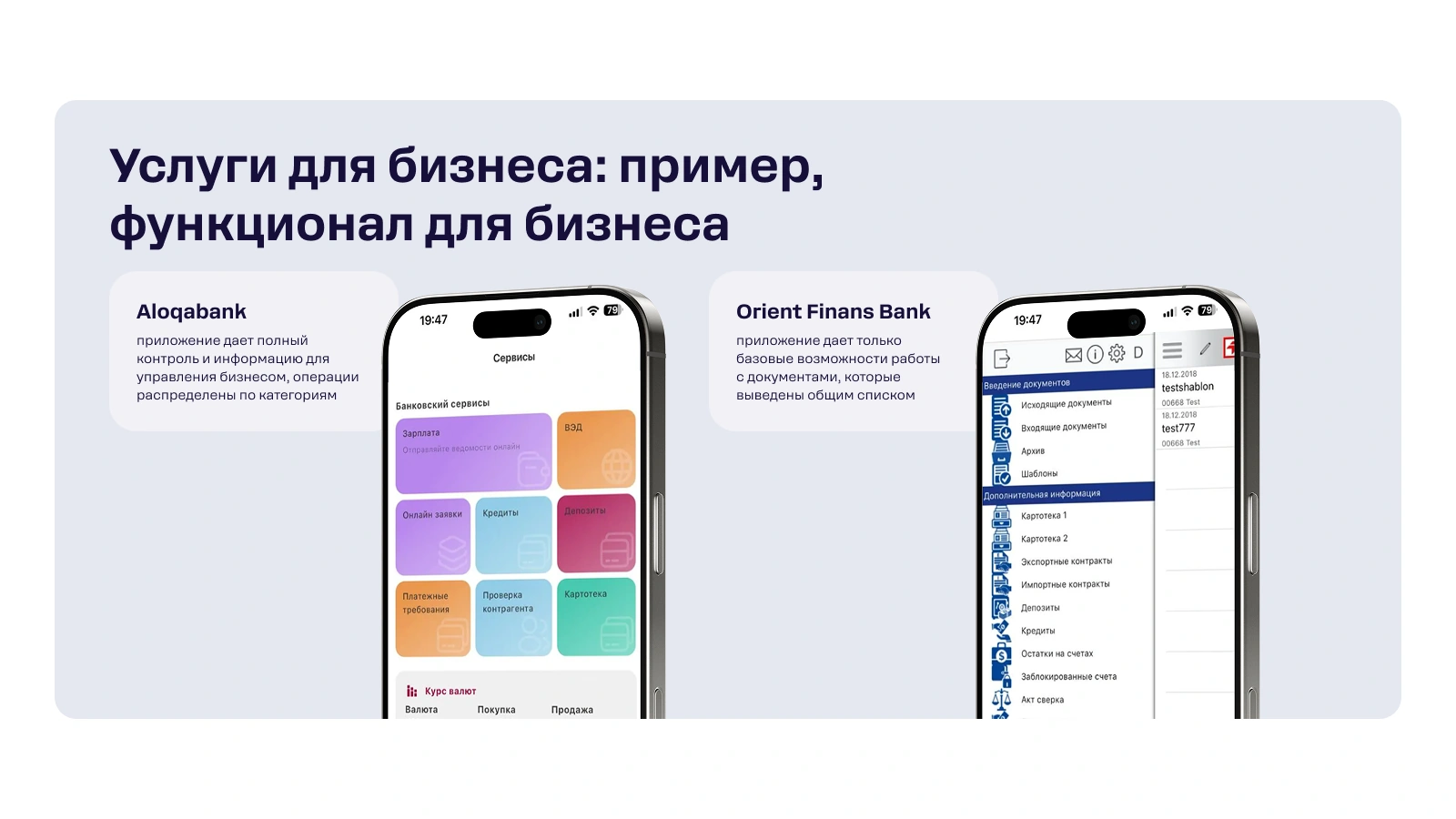 Aloqabank biznes xizmatlarini bitta boʻlimda toʻplaydi. Orient Finansda biznes uchun funksiyalar alohida uzun roʻyxatga chiqarilgan.