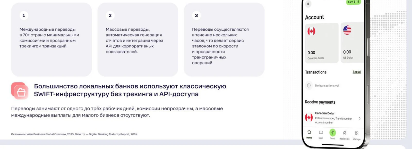 Как у лидеров: Wise Business проводит международные переводы в 70+ стран с прозрачными комиссиями и трекингом статуса.