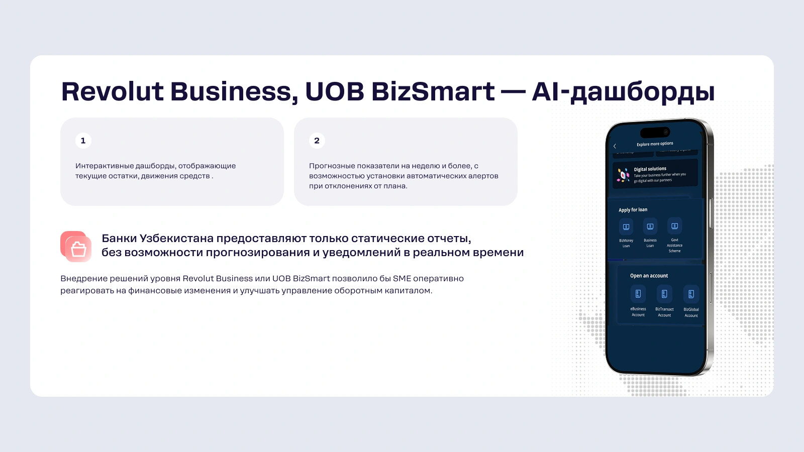 Yetakchilarda qanday: Revolut Business va UOB BizSmart koʻrsatkichlar prognozi va rejadan chetga chiqish holatlarida ogohlantirishlarga ega interaktiv dashbordlarni taqdim etadi.