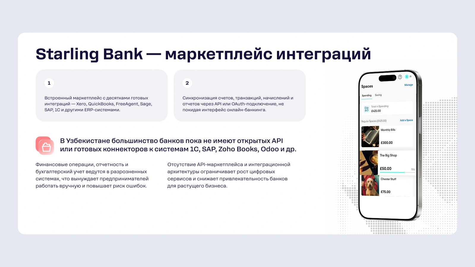 Yetakchilarda qanday: Starling — to'g'ridan-to'g'ri onlayn-bankda Xero, QuickBooks, Sage va boshqa ERP'lar bilan integratsiyalar marketpleysi.